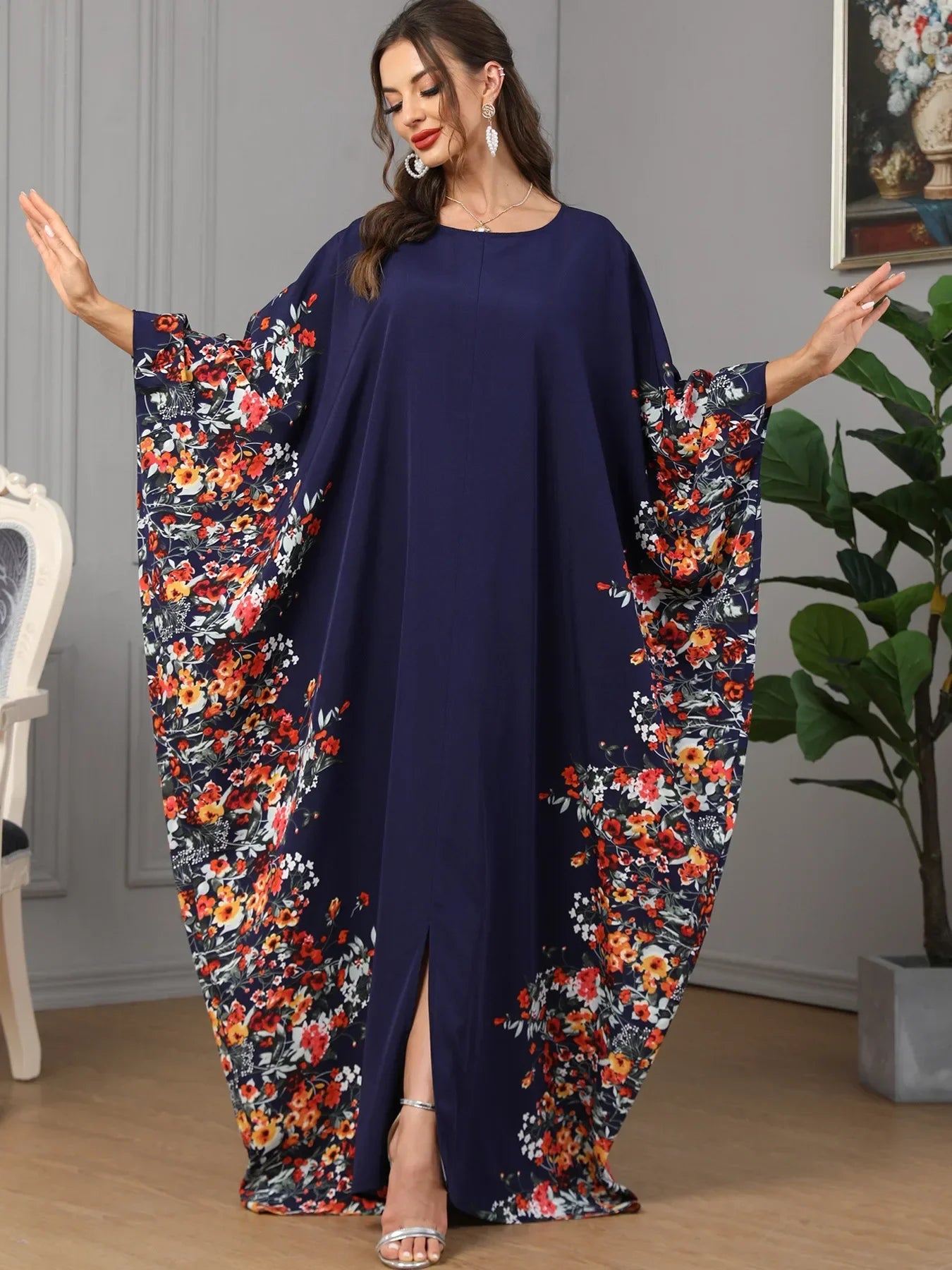 Eid Muslim Party Dress for Women Ramadan Abaya Bat Sleeve Print Long Robe Morocco Kaftan Vestidos Largos Dubai Jalabiya 2025