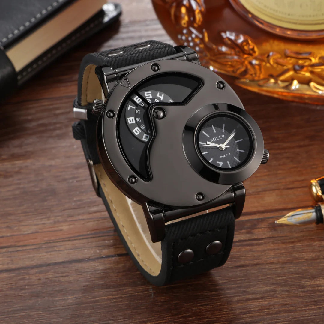 Luxury Men's Quartz Watch - Large Dual Dial Numerals, with Blue or Black Bronze Faux Leather Strap, Alloy Case, Non-Waterproof,
