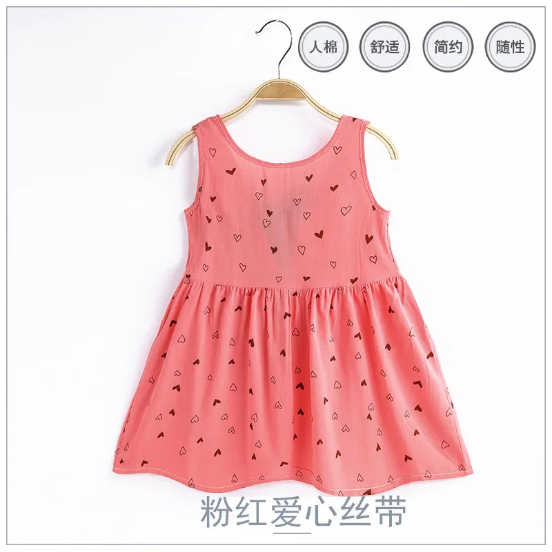 2025 Summer Girls Print Binding Rope Dress For 1-6Years Kids Cotton Sleeveless Sundress Baby Beach Above Knee Mini Casual Dress