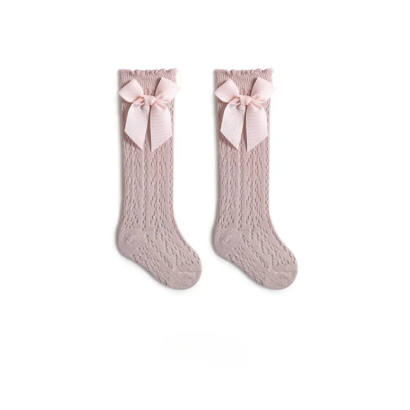 Baby Knee High Socks Kids Girls Boys Bow Long Sock Soft Cotton Mesh Breathable Children Hollow Out Socken for 0-3 Years Old
