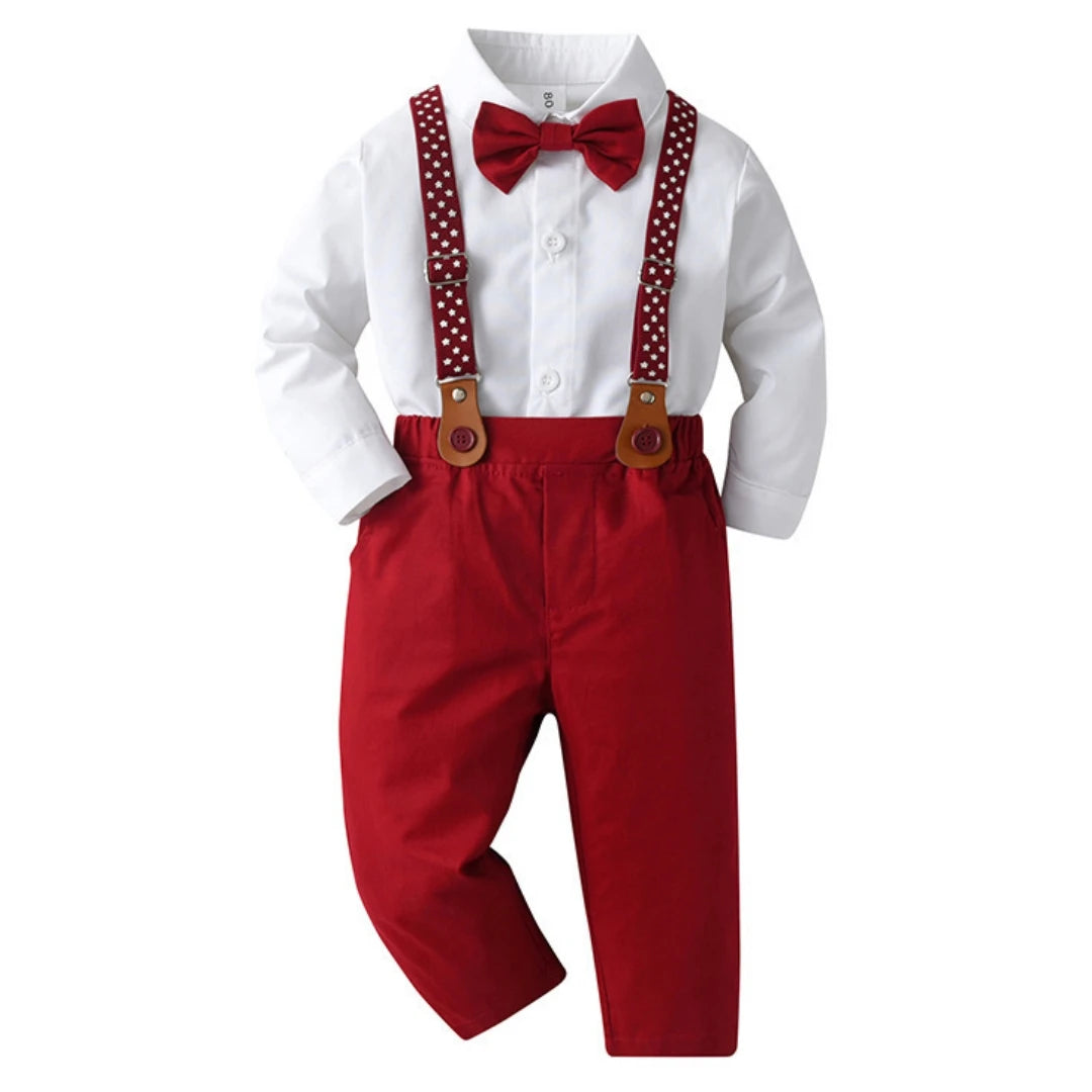 Christmas Outfit for 1-7 Years Boys Long Sleeve Solid 4PCS Sets Kid Gentleman Birthday Cotton Clothing Star Suspender Baby Suit