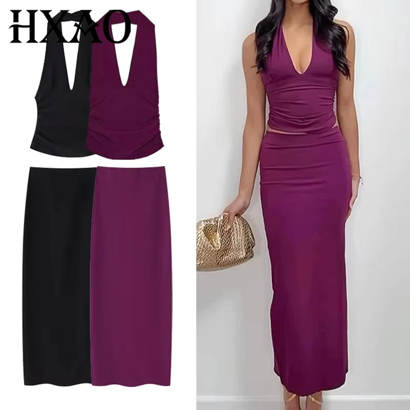 Women's Two Pieces Set Sexy Backless Halter Top Summer Set Woman Slit High Waist Skirt Set Elegant Women 2 Piece Set 2025