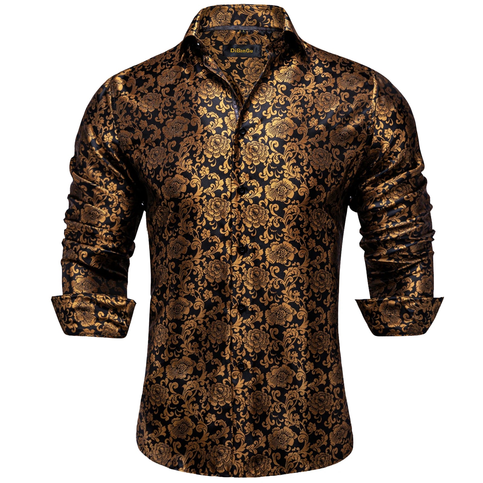 Luxury Men Dress Shirt Formal Prom Tuxedo Long Sleeve Polyester Golden Color Paisley Black Shirts Blouse Men Clothing