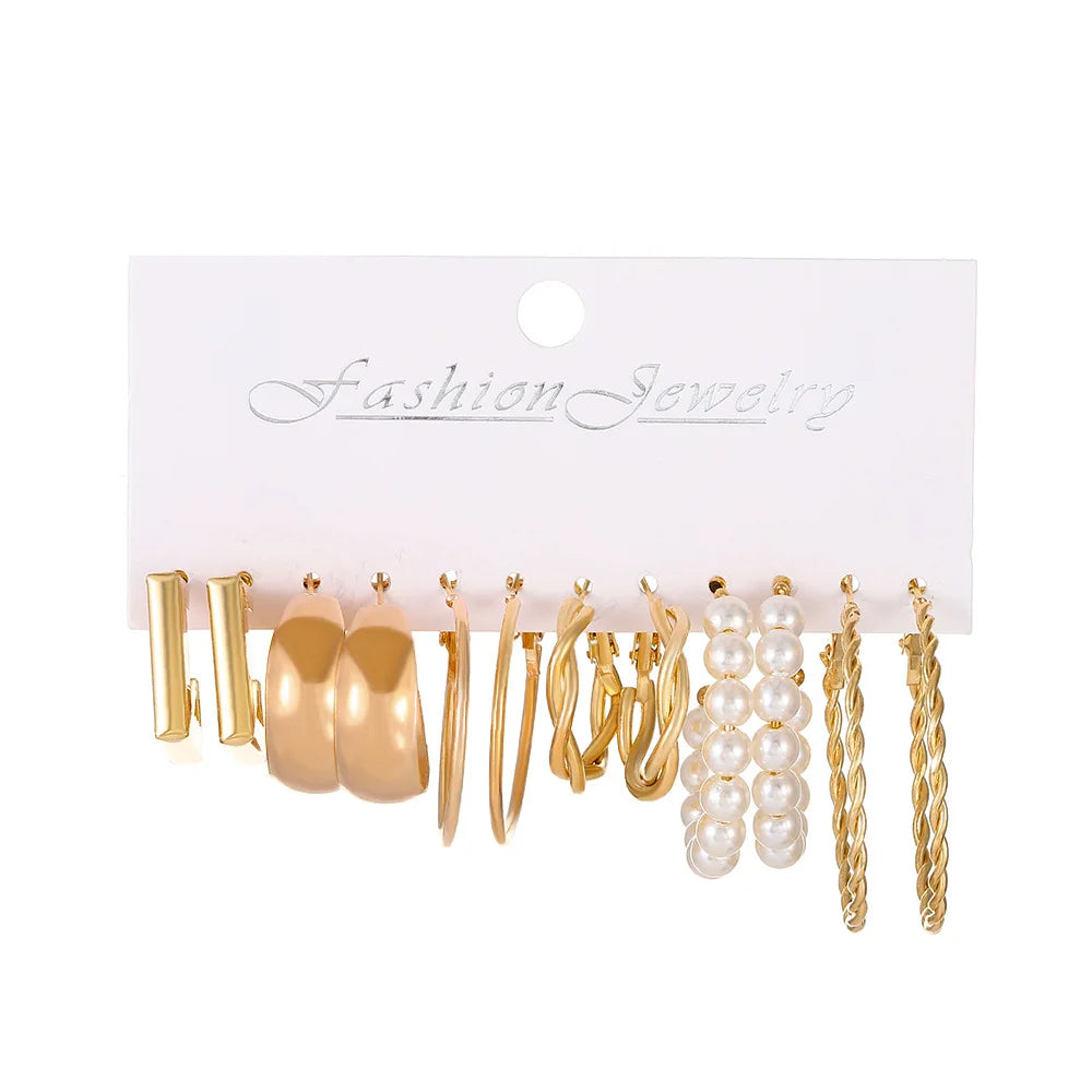 LATS Boho Big Circle Hoop Earring Set for Women Gold Color Bohemia Vintage Pearl Square Earring Heart Zircon Ear Studs Jewelry