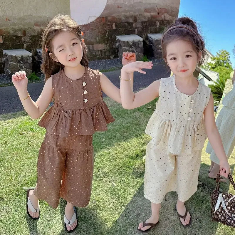 Baby Girl's Casual Clothing Summer Sleeveless Polka Dot Top+Wide Leg Pants Set with Bow and Botton 2PCS Set Childrens Clothing