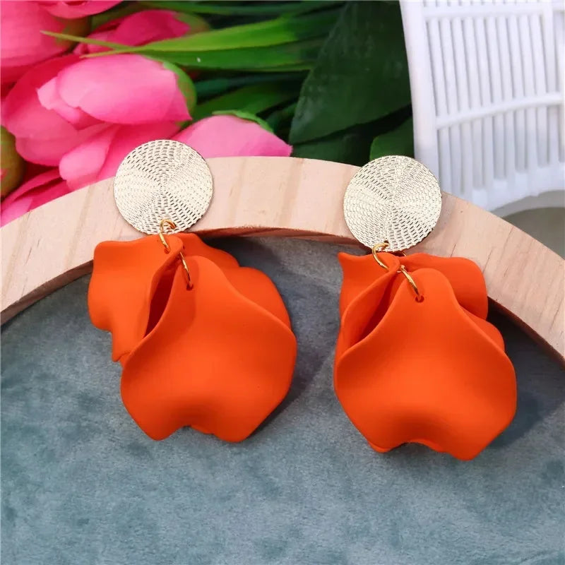 Neon Fuchsia Plastic Petal Drop Earrings Women Colorful Petal Gold Color Disc Drop Earrings Green Pink Carol Color Girl Earring