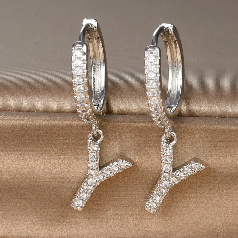 Silver Color Stainless Steel 26 Letters Hoop Earrings For Women A-Z Crystal Zircon Cartilage Piercing Earrings Wedding Jewelry