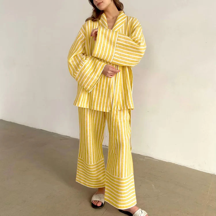Women's Two-piece Set  Autumn New Striped Long-sleeved Loose Lace-up Top High-waisted Trousers Fashion Casual Suit for Women