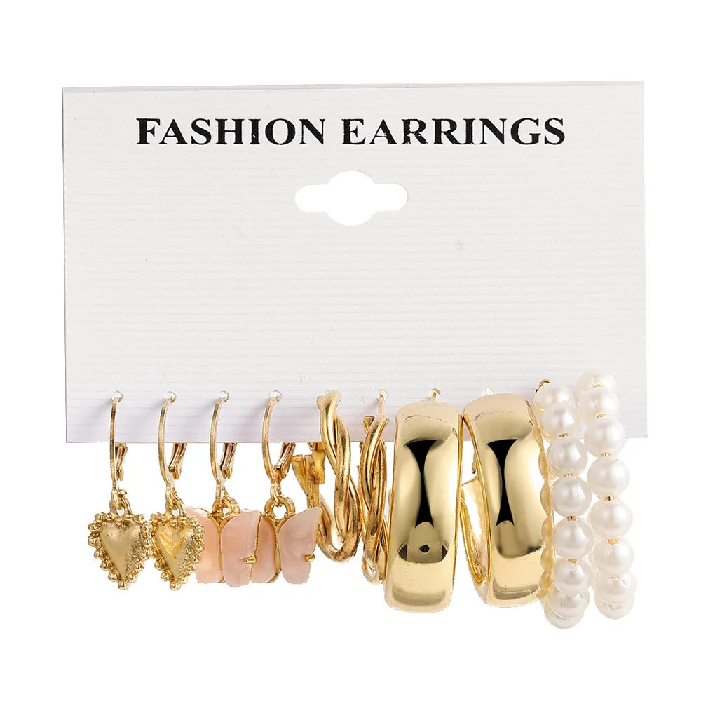 LATS Boho Big Circle Hoop Earring Set for Women Gold Color Bohemia Vintage Pearl Square Earring Heart Zircon Ear Studs Jewelry