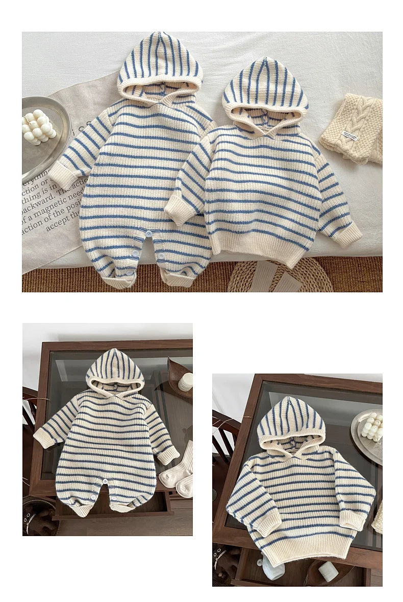 Ins Baby Clothing Korean Style Fashion Casual Soft Comfortable Knitwear Top Winter New Boys Girls Baby Thick Striped Romper