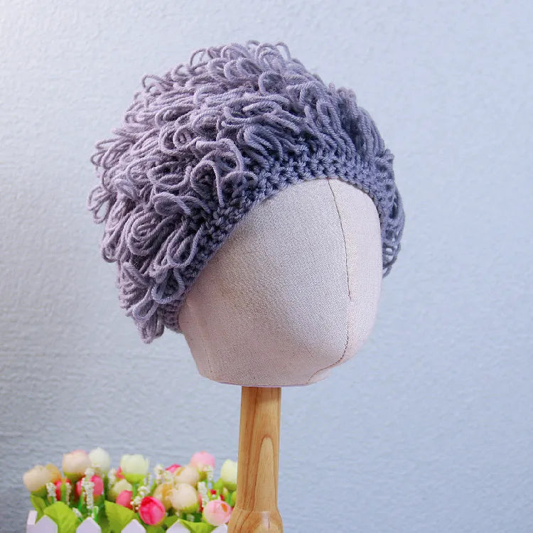 Kids Boy Girl Hat Cute Old Lady Woman Curly Hair Wig Cap Skullies Beanies Winter Knitted Children Baby Hats and Caps Accessories