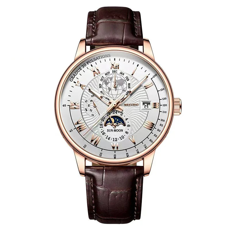 Luxury Brand Watch for Men Trendy High End Light Versatile Quartz Watch Leather Strap Fake Three Eye Fashion Business Wristwatch