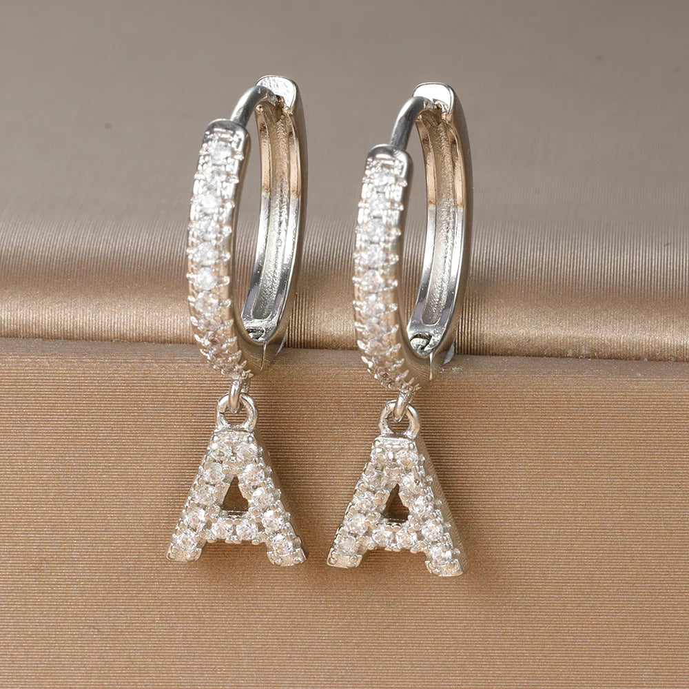 Silver Color Stainless Steel 26 Letters Hoop Earrings For Women A-Z Crystal Zircon Cartilage Piercing Earrings Wedding Jewelry