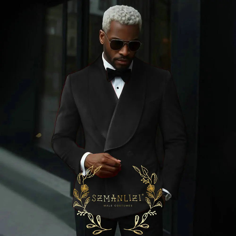 Luxury Grey Velvet Suits Men 2 Pieces Sets Double Breasted Groom Blazers Customized Man Banquet Wedding Tuxedos Male Clothing