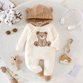 Autumn Winter Baby Bear Onesie with Hat Soft Plush Fabric Warm Cute Heated Footed Suit with Head Protection Bear Ear Design Infa
