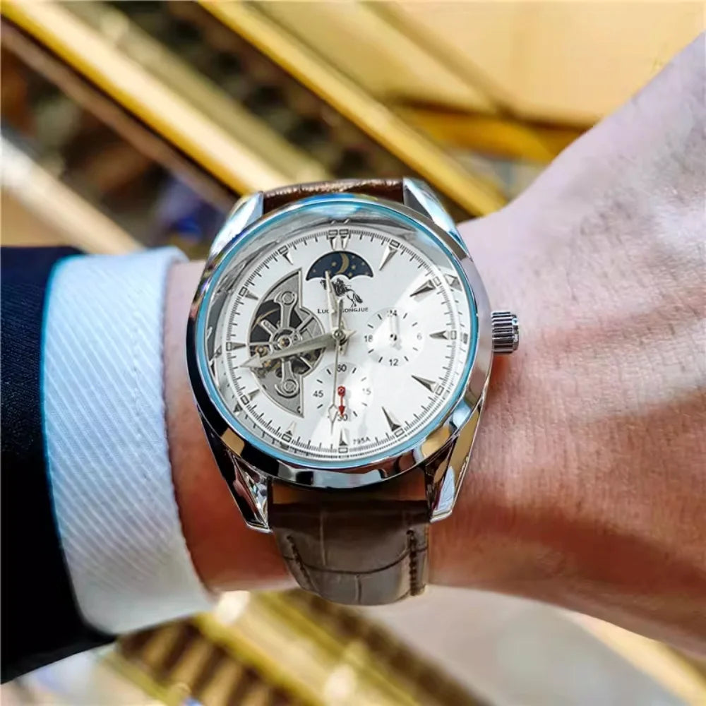 Luxury Men's Automatic Mechanical Watch, Mechanical Movement, Limited Edition, Roman Numeral Dial, Leather Strap, Skeleton Design, Waterproof, Luminous Calendar, Business Casual Style, Men's Watch, High-End Gentleman's Formal