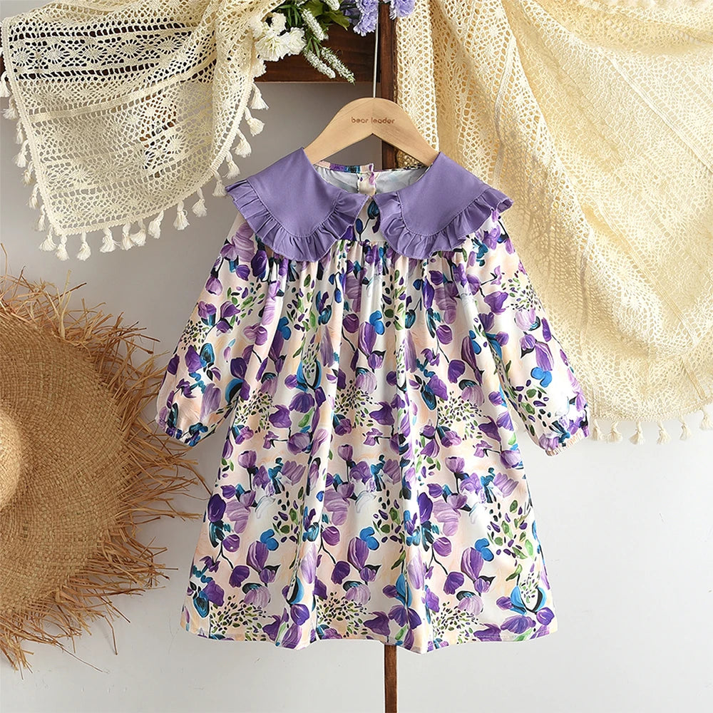 Bear Leader Autumn Spring New Girls' Dress Fashion Cute Doll Neck Flower Print Dress Children's Girls Long Sleeve Princess Dress