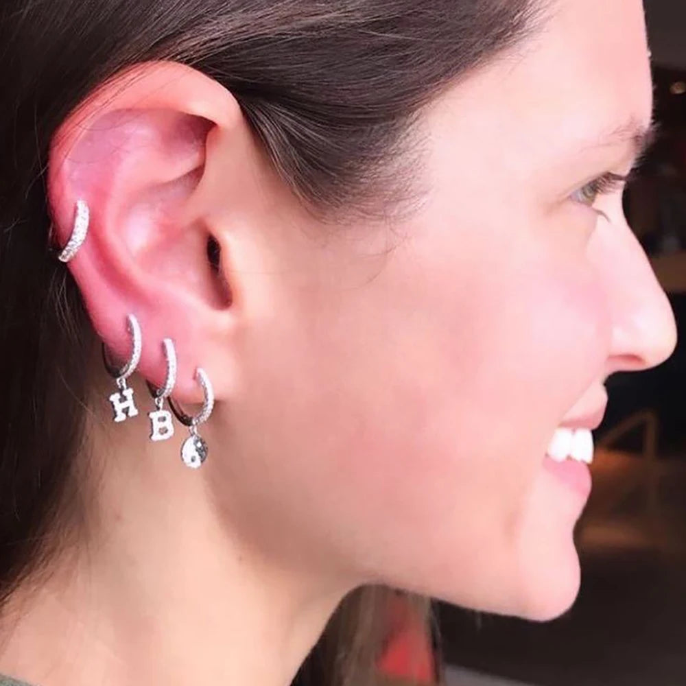 Silver Color Stainless Steel 26 Letters Hoop Earrings For Women A-Z Crystal Zircon Cartilage Piercing Earrings Wedding Jewelry