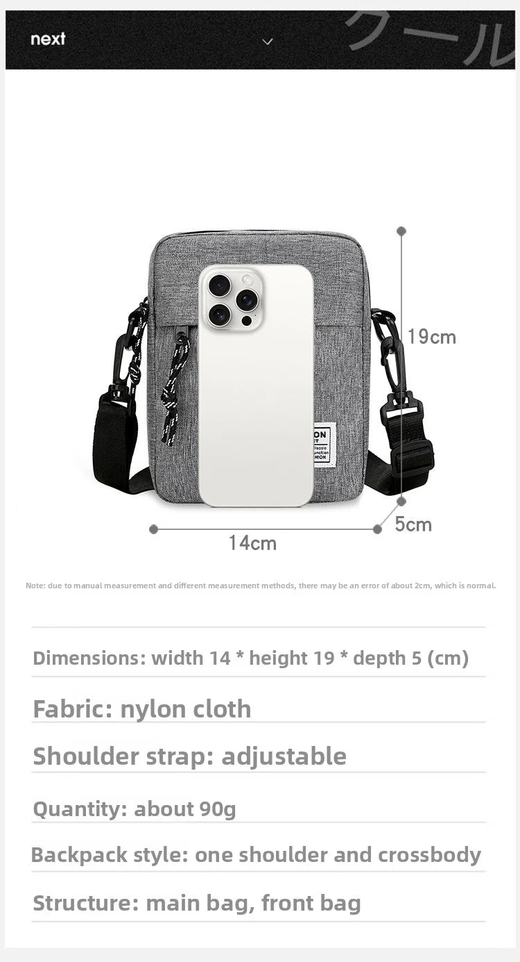 Men's bag, available in single shoulder or cross-body design, suitable for daily use during school. Made of nylon material.