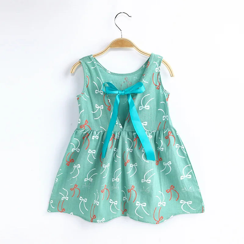 2025 Summer Girls Print Binding Rope Dress For 1-6Years Kids Cotton Sleeveless Sundress Baby Beach Above Knee Mini Casual Dress