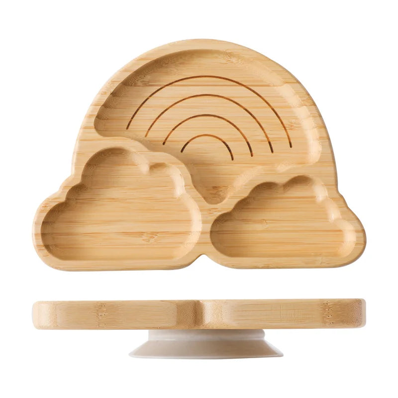Baby Wooden Tableware Set Could Bamboo Wooden Plate Bowl Silicone Suction Wooden Handle Fork Spoon for Children Feeding Supplies