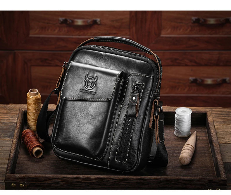 BULLCAPTAIN Casual Fashion Men's Messenger Bag's Business Portable Handbag Man Leather Shoulder Bag Mobile 6.5'' Phone Bags