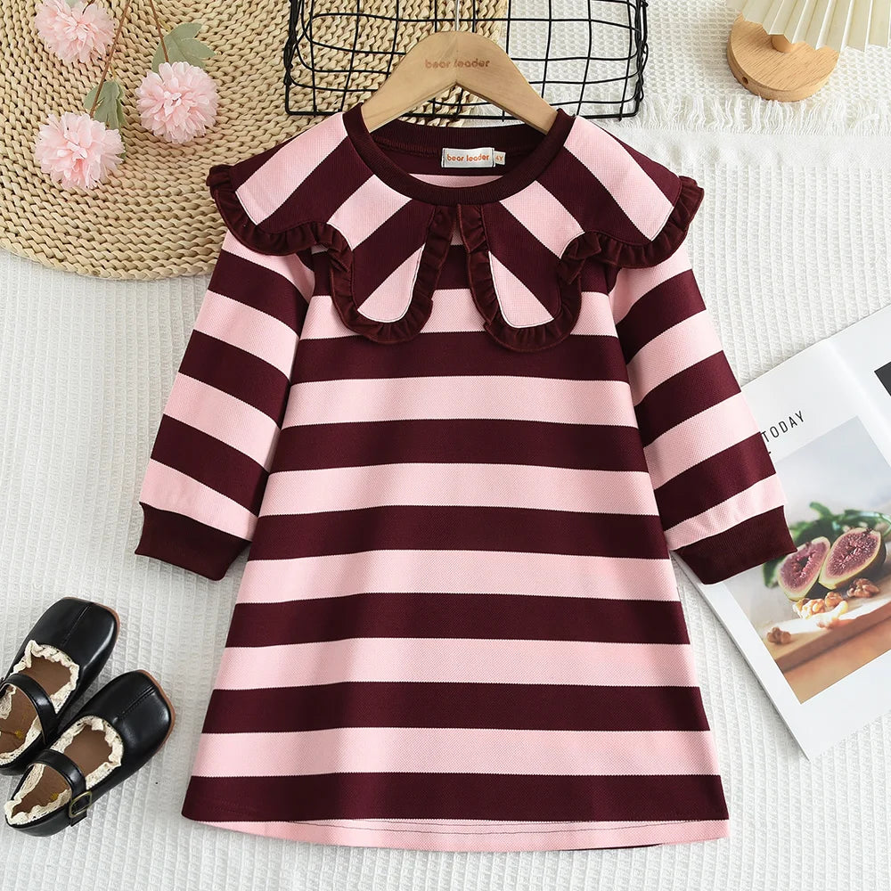Bear Leader Autumn Spring New Girls' Dress Fashion Cute Doll Neck Flower Print Dress Children's Girls Long Sleeve Princess Dress