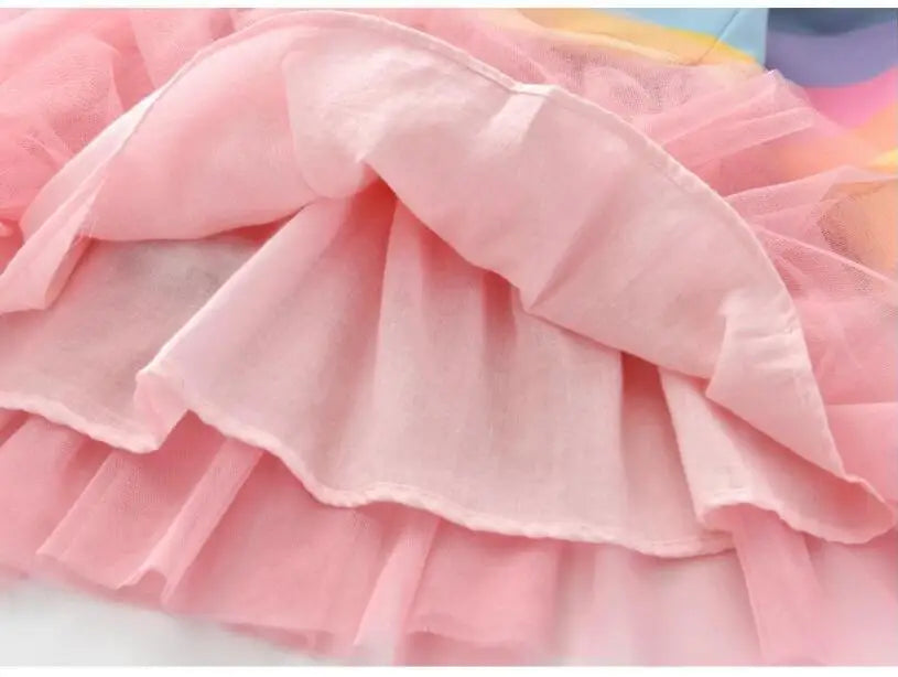 Baby Girls Dress Princess Autumn Sweater Fleece Gauze Tutu Dresses Children Clothing Long Sleeve Rainbow Stripes Dress For Girls