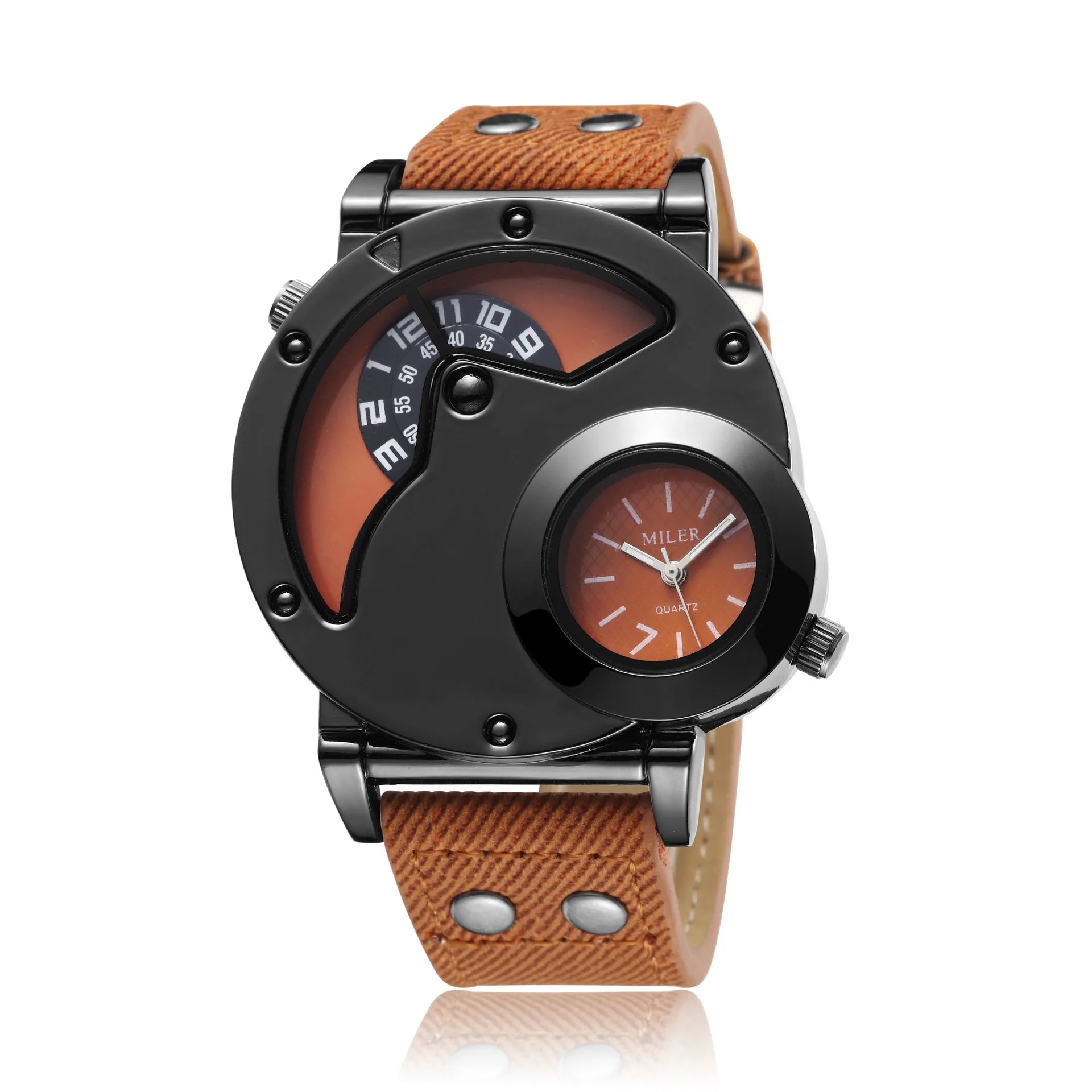 Luxury Men's Quartz Watch - Large Dual Dial Numerals, with Blue or Black Bronze Faux Leather Strap, Alloy Case, Non-Waterproof,