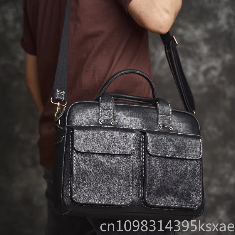 Men's Handbag for Men Genuine Leather Top Grain Leather Large Capacity Laptop Bag Business Document Briefcase Luxury Purse