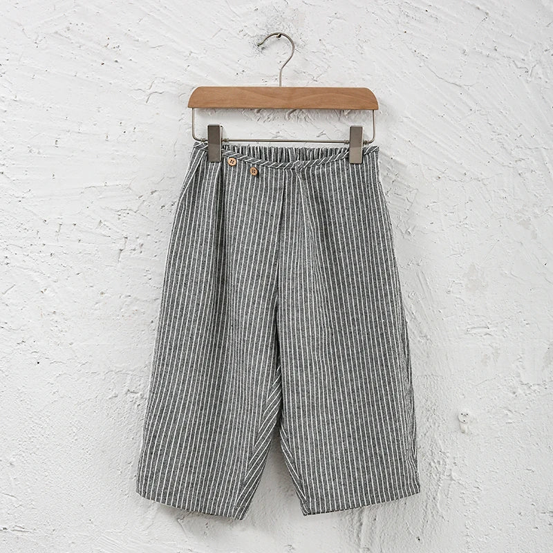 Kids Retro Striped Cotton Linen Pants – Comfortable Loose Fit Summer Trousers