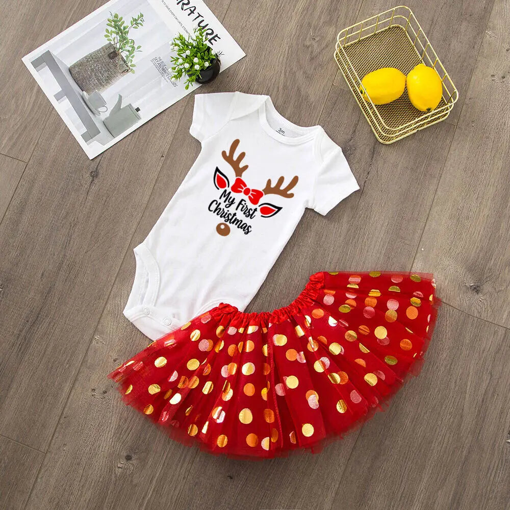My 1st Christmas Print Baby Girls Cake Smash Dresses Outfits Newborn Xmas Party Tutu + Bodysuit Dress Set Infant Baptism Clothes