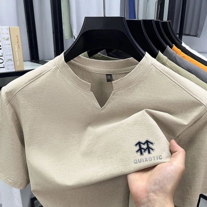 Luxury Man Short-Sleeved T-Shirt V-Neck Pattern Summer New Outdoor Sport T-Shirt Breathe Sleek Versatile Leisure Men's Clothing