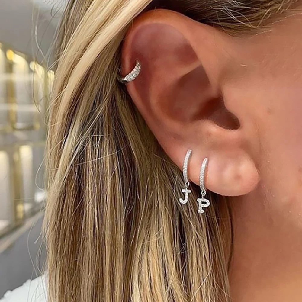 Silver Color Stainless Steel 26 Letters Hoop Earrings For Women A-Z Crystal Zircon Cartilage Piercing Earrings Wedding Jewelry