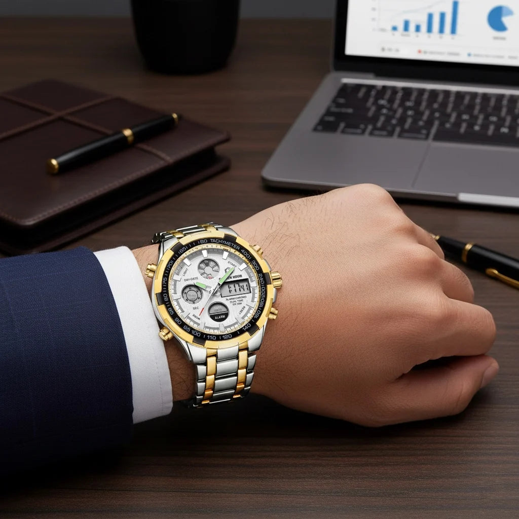 GOLDEN HOUR Luxury Men's Sport Stainless Steel Waterproof Dual Display Analog Digital Quartz Wristwatches Relogio Masculino