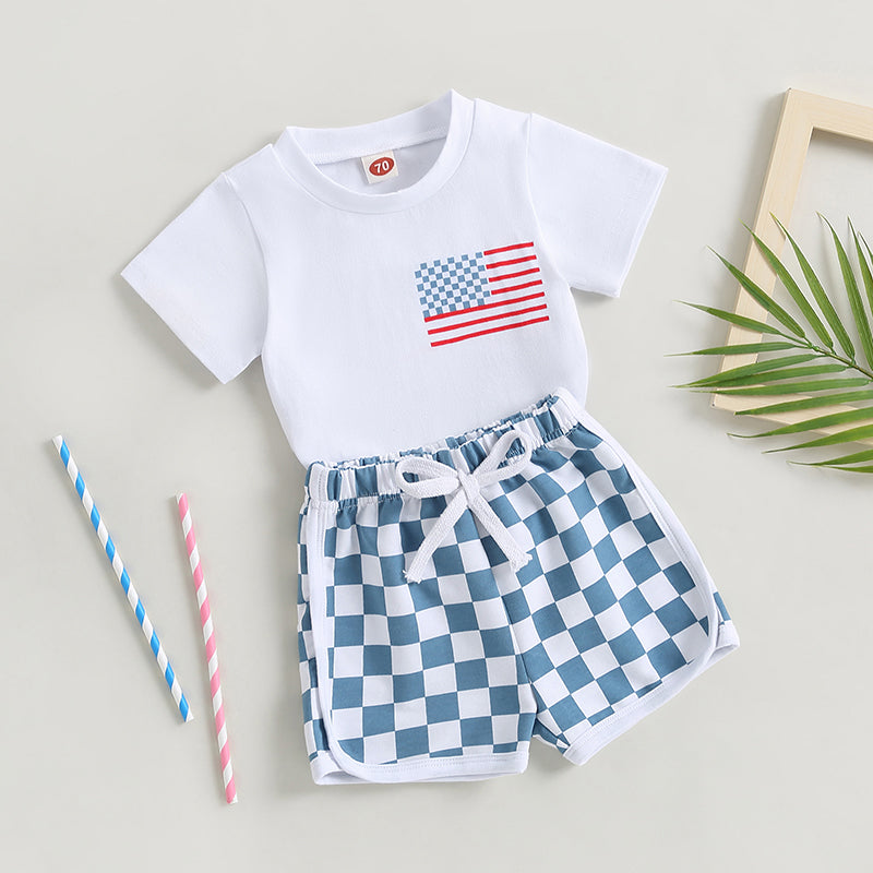 FOCUSNORM 0-3Y Baby Boys Clothes Sets 4th of July Flag Print Short Sleeve T-Shirt Checkerboard Shorts Set Summer Clothes