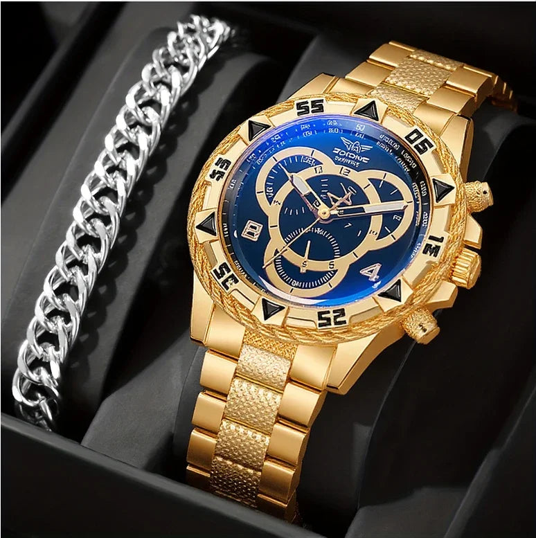 Luxury Large Dial Men's Watch, Stainless Steel Bracelet, Multi-Function Chronograph, Gold/Silver Two Colors, Fashion Quartz Wris