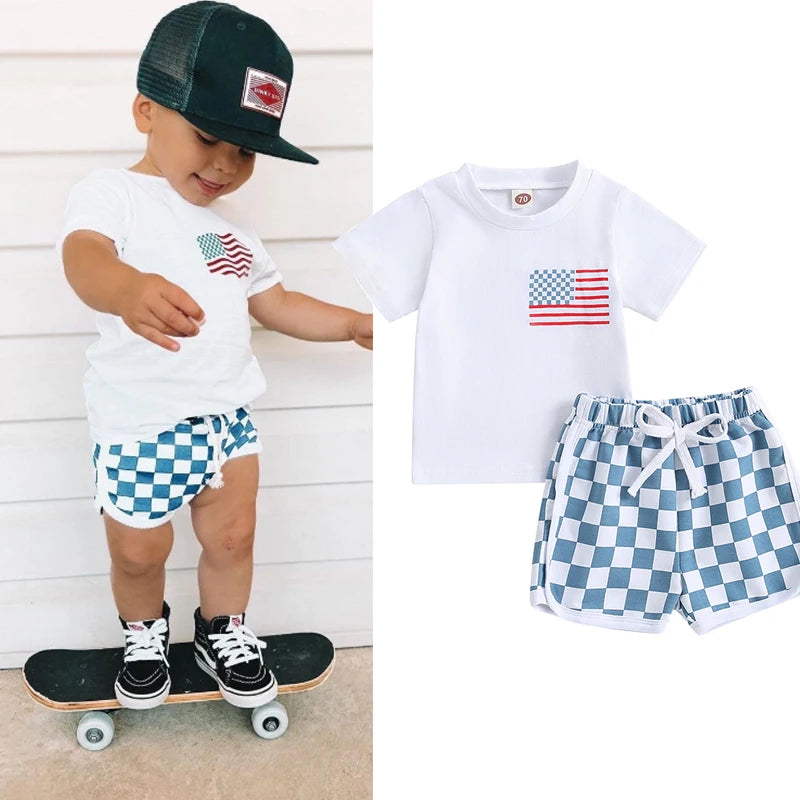 FOCUSNORM 0-3Y Baby Boys Clothes Sets 4th of July Flag Print Short Sleeve T-Shirt Checkerboard Shorts Set Summer Clothes