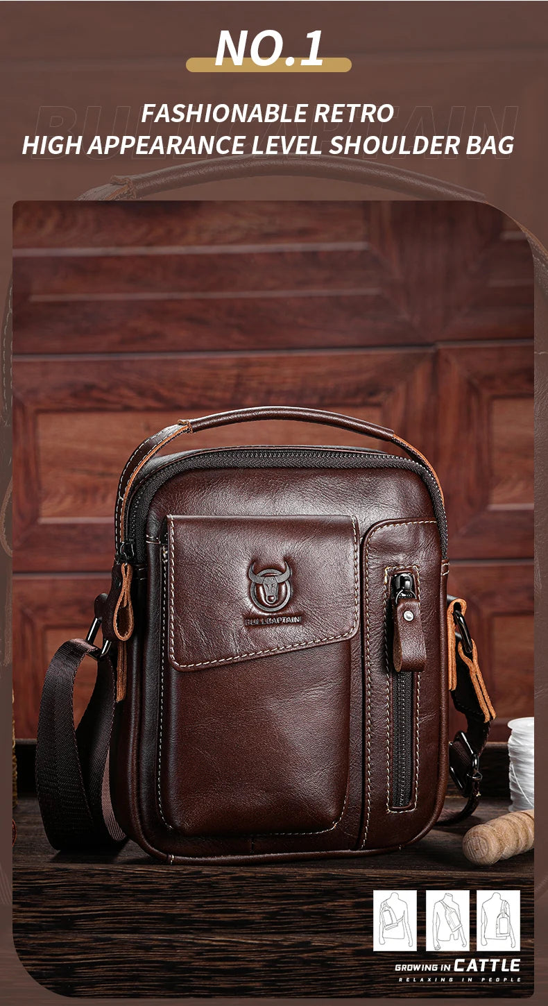 BULLCAPTAIN Casual Fashion Men's Messenger Bag's Business Portable Handbag Man Leather Shoulder Bag Mobile 6.5'' Phone Bags