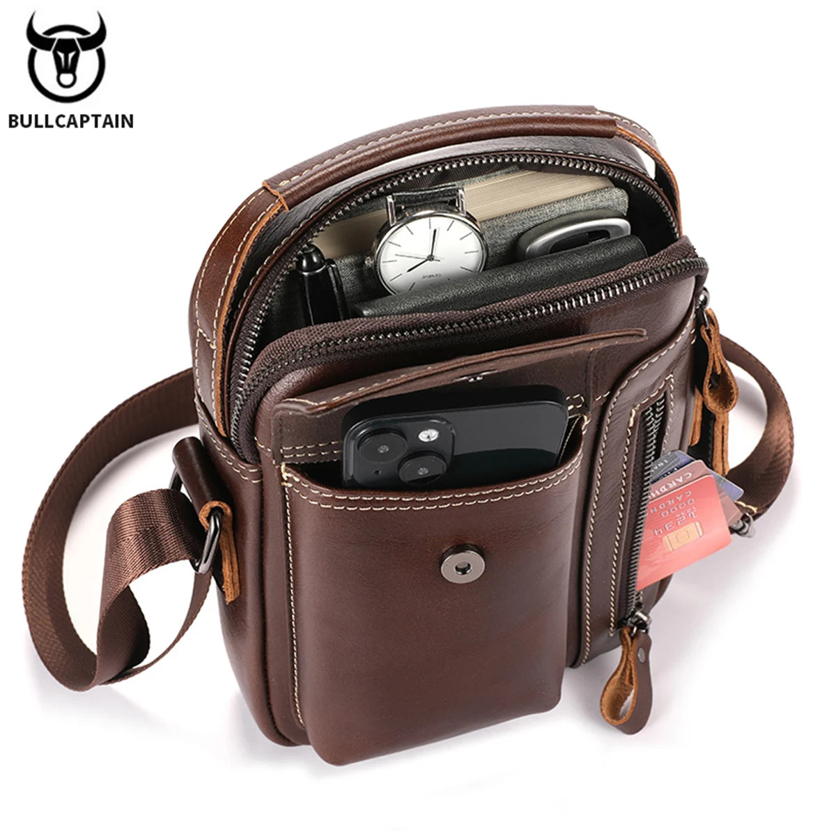 BULLCAPTAIN Casual Fashion Men's Messenger Bag's Business Portable Handbag Man Leather Shoulder Bag Mobile 6.5'' Phone Bags