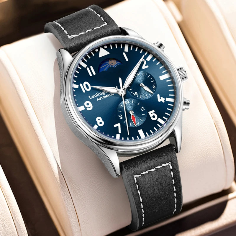Luxury High-End Watch Series, Business Casual Men's Mechanical Watch, Automatic Winding, Round Dial, Multi-Function Display, Leather Strap, European and American Style, High Aesthetic Value, Light Luxury, Fashionable and Vers