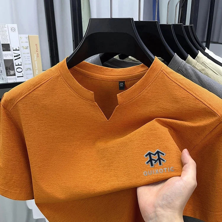 Luxury Man Short-Sleeved T-Shirt V-Neck Pattern Summer New Outdoor Sport T-Shirt Breathe Sleek Versatile Leisure Men's Clothing