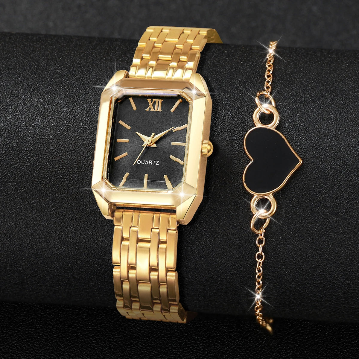 2/5 pçs Light luxury steel strip women's watch student fashion simple square quartz watch set