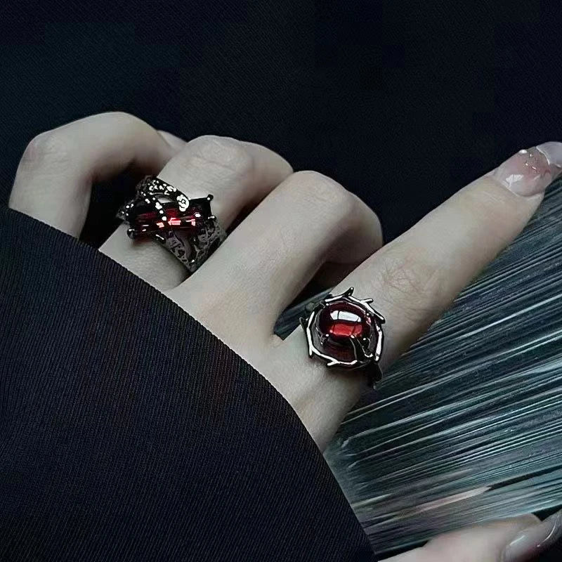 Vintage Gothic Temperament Red Crystal Cross Geometry Aesthetic Open Rings for Women Girl Punk Grunge Jewelry Men Rings