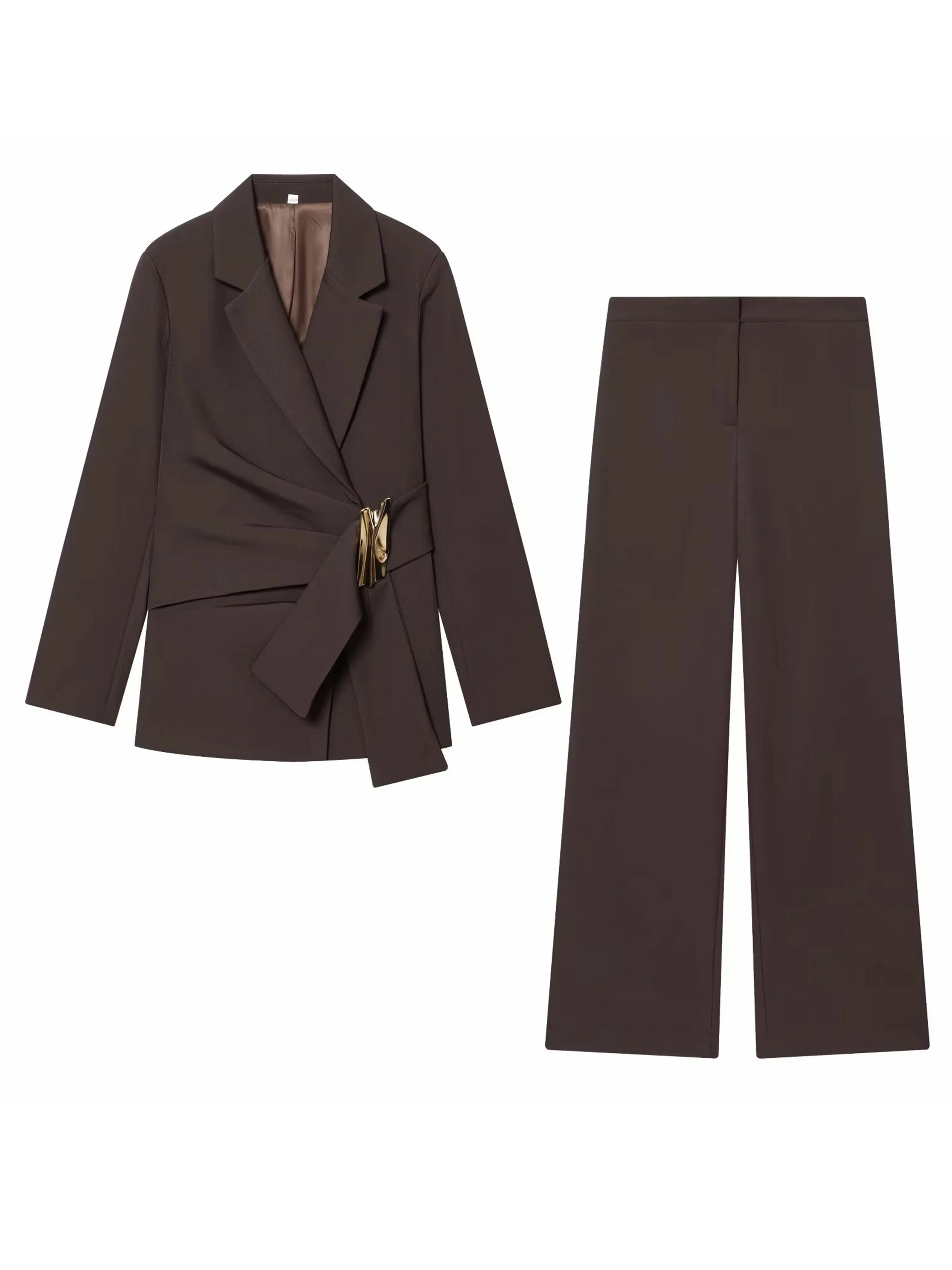 Women Suit Pants Two-Piece Set Buckle Decoration Long Sleeve Blazer Coat + Straight-Leg Pants 2 Pieces Sets Chic Woman Outfits