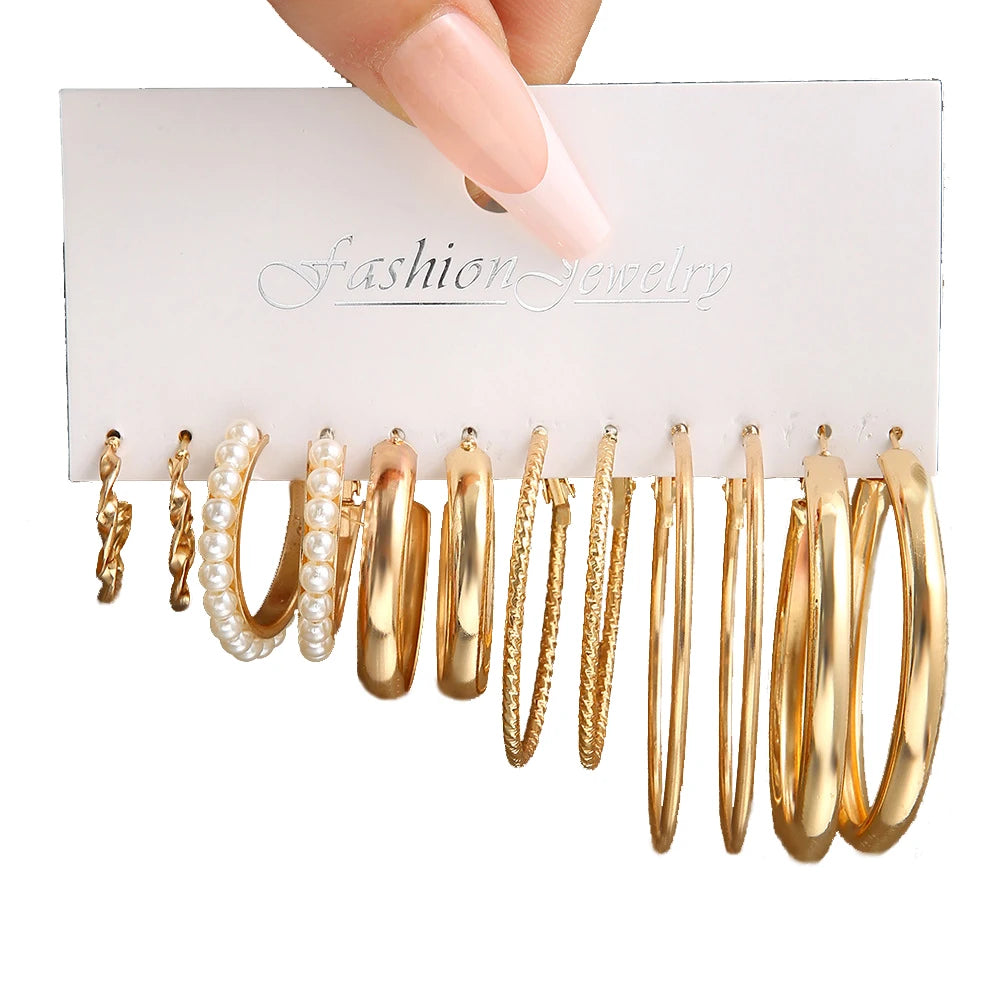 LATS Boho Big Circle Hoop Earring Set for Women Gold Color Bohemia Vintage Pearl Square Earring Heart Zircon Ear Studs Jewelry