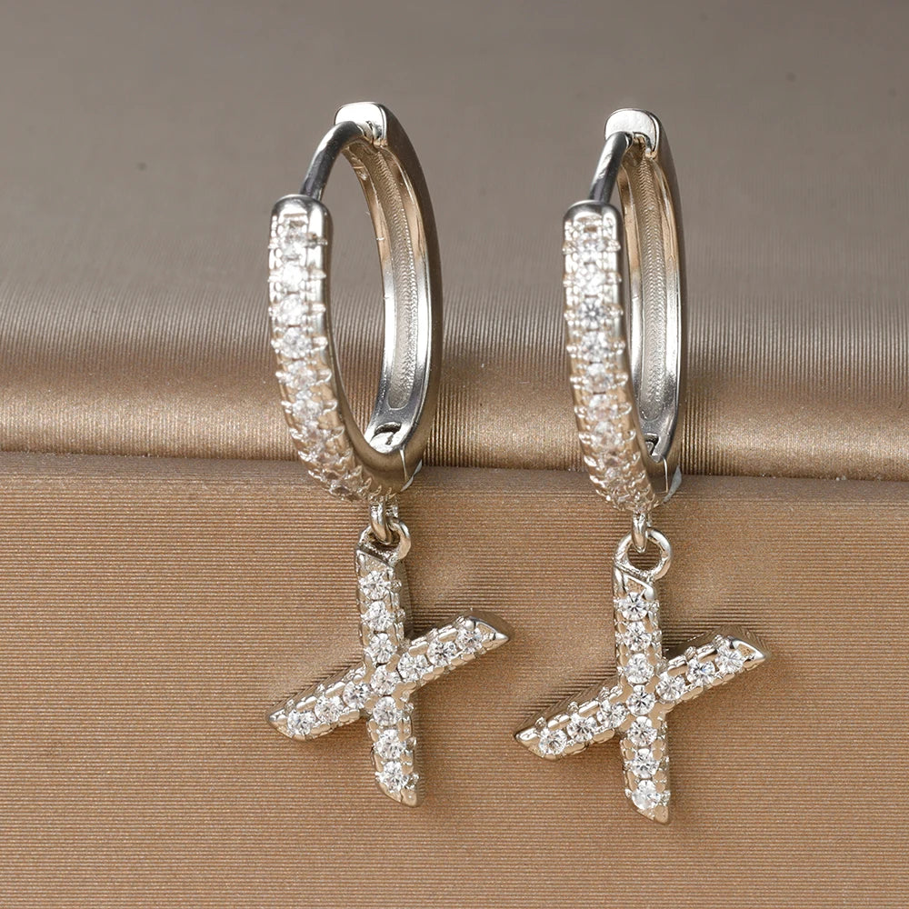 Silver Color Stainless Steel 26 Letters Hoop Earrings For Women A-Z Crystal Zircon Cartilage Piercing Earrings Wedding Jewelry