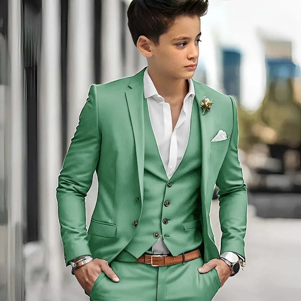 Luxury Green Bos Suits Elegant Wedding 3 Piece Jacket Pants Vest Boy Clothing High Quality Customized Full Sets Costume Kids