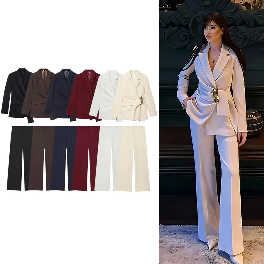 Women Suit Pants Two-Piece Set Buckle Decoration Long Sleeve Blazer Coat + Straight-Leg Pants 2 Pieces Sets Chic Woman Outfits