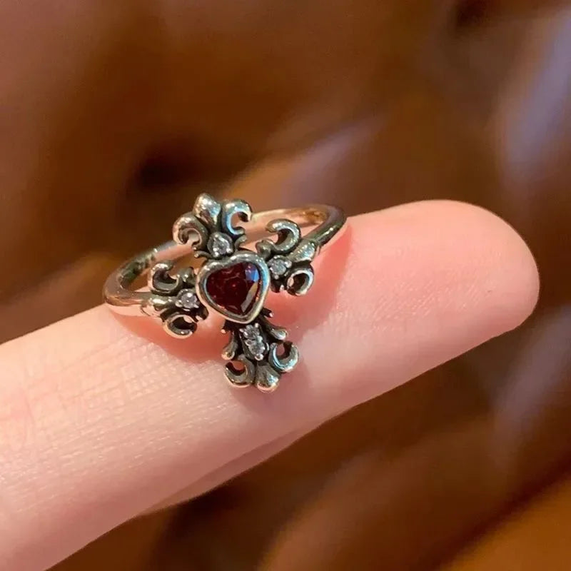 Vintage Gothic Temperament Red Crystal Cross Geometry Aesthetic Open Rings for Women Girl Punk Grunge Jewelry Men Rings